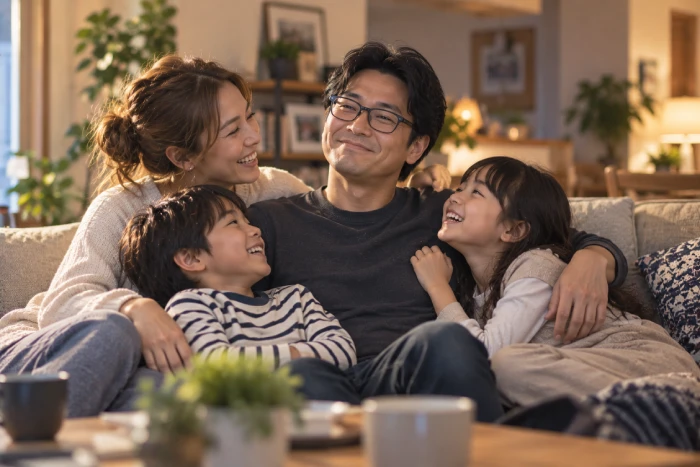 家族に囲まれ自信に満ちた笑顔を見せる父親と幸せそうな家族