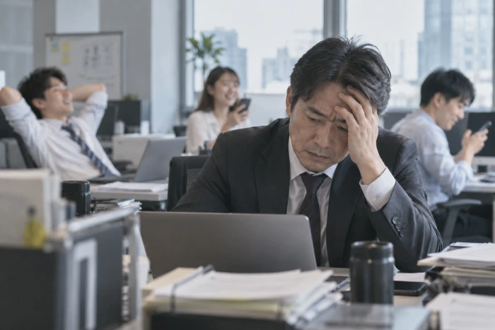 仕事に疲れた40代の上司と気楽に働く部下たち