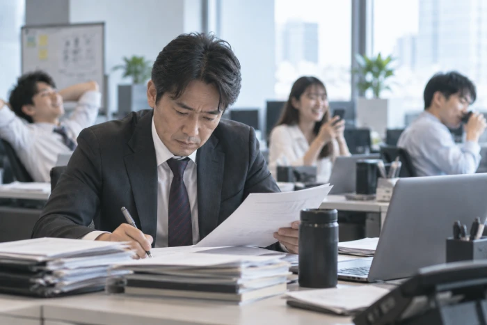 周囲が気楽に働く中、一人で黙々と仕事をする40代の上司