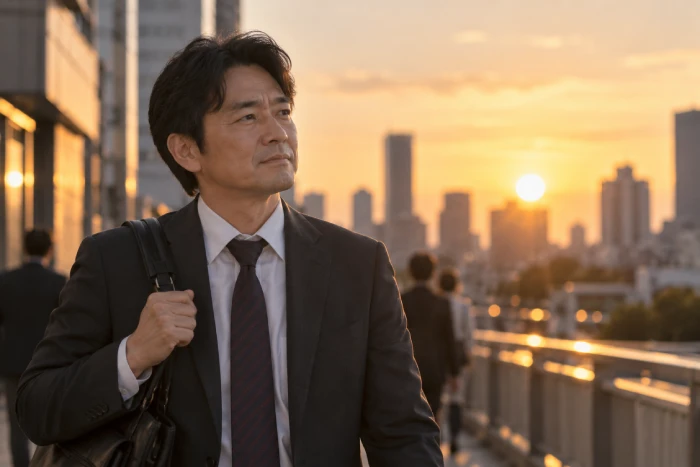 夕暮れの街で働き方を変える決意を固める40代の男性