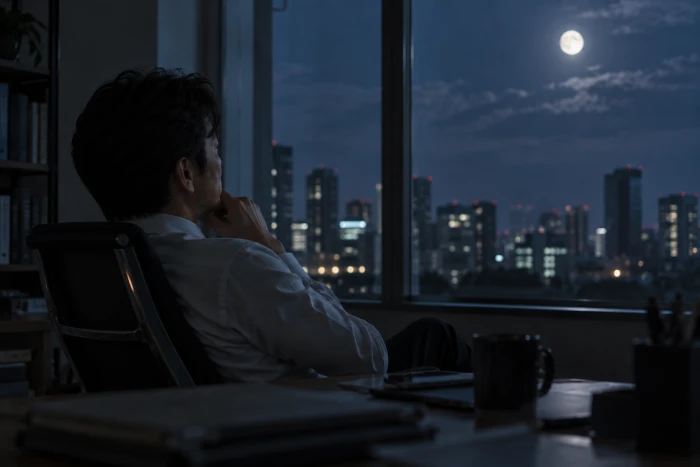夜の書斎で月を眺めながら仕事の答えを考える40代の男性