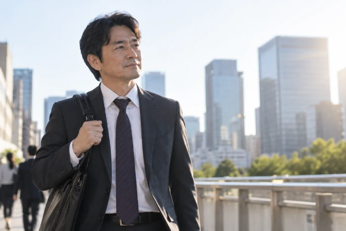 朝の街を凛とした表情で歩き出す40代の男性