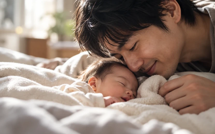 生まれたばかりの子どもを優しく見つめる父親と眠る赤ちゃん