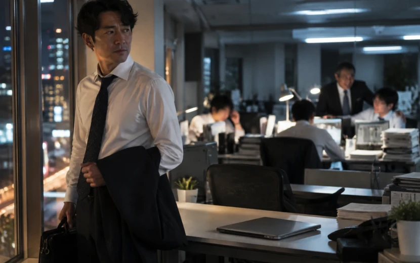 仕事を終えて帰る男性と、残業を評価される社員を見つめる夜のオフィス