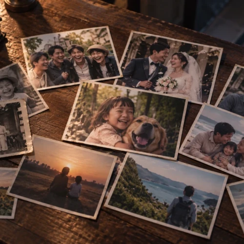 さまざまな人の幸せな瞬間を写した古い写真と新しい写真が、薄暗い木製テーブルの上に並べられている様子
