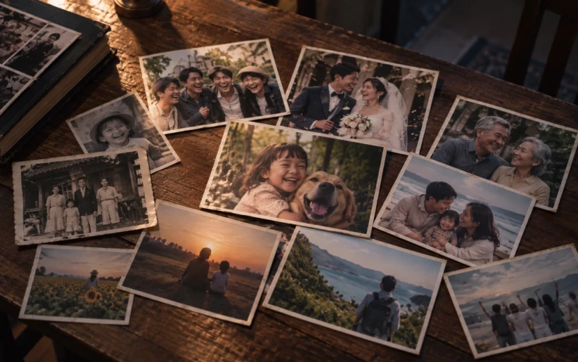 さまざまな人の幸せな瞬間を写した古い写真と新しい写真が、薄暗い木製テーブルの上に並べられている様子