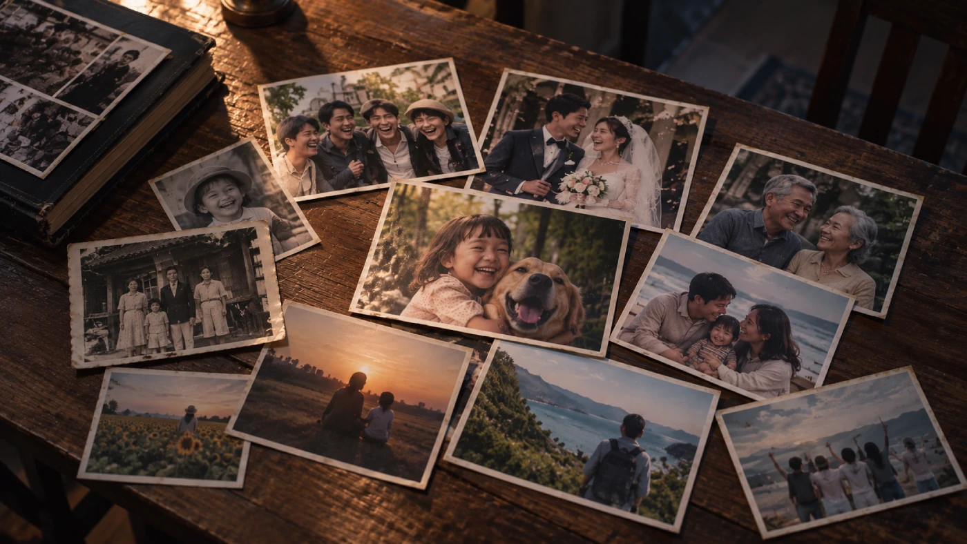 さまざまな人の幸せな瞬間を写した古い写真と新しい写真が、薄暗い木製テーブルの上に並べられている様子
