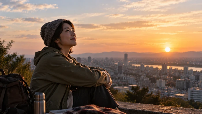 夕暮れの街を見下ろし、穏やかな表情で未来を思い描く若い女性