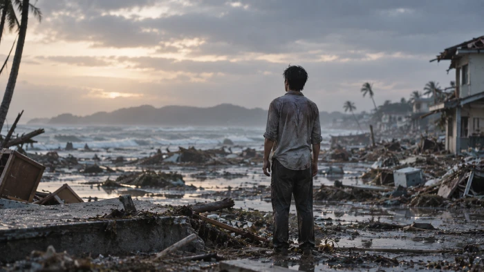 荒れた海と瓦礫が広がる海辺で、ひとり立ち尽くす成人男性