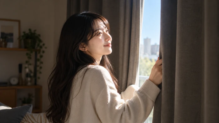 厚手の遮光カーテンを少し開け、まぶしい朝の空を見つめる女性