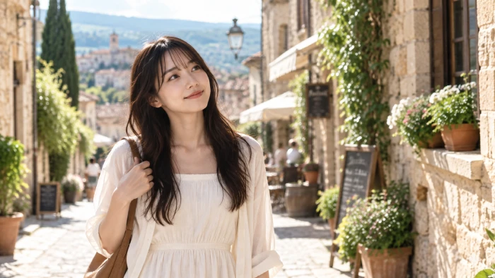 ヨーロッパの田舎町を歩き、穏やかな笑顔で街並みを見上げる女性