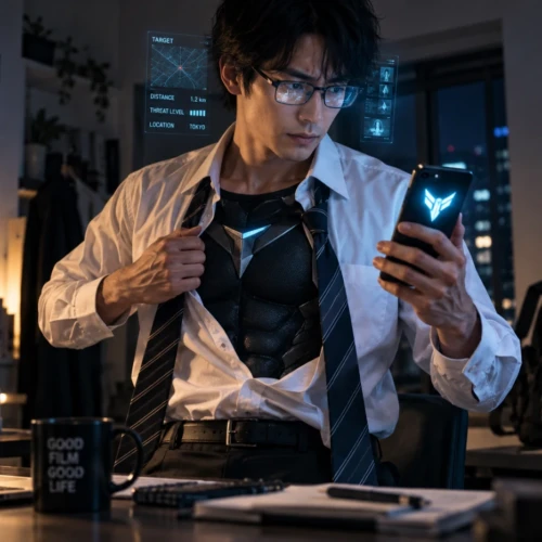 夜、自宅でシャツの下にヒーロースーツを着込み、スマートフォンを手に変身する32歳のサラリーマン