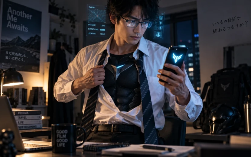 夜、自宅でシャツの下にヒーロースーツを着込み、スマートフォンを手に変身する32歳のサラリーマン
