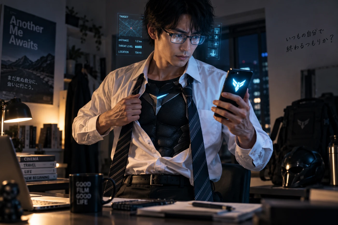 夜、自宅でシャツの下にヒーロースーツを着込み、スマートフォンを手に変身する32歳のサラリーマン