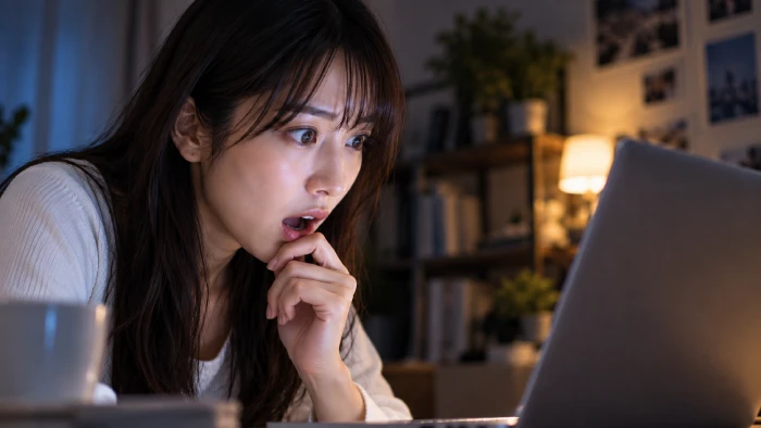 パソコンを見つめ、驚きに目を見開く若い女性、夜の部屋で真剣に考え込む様子