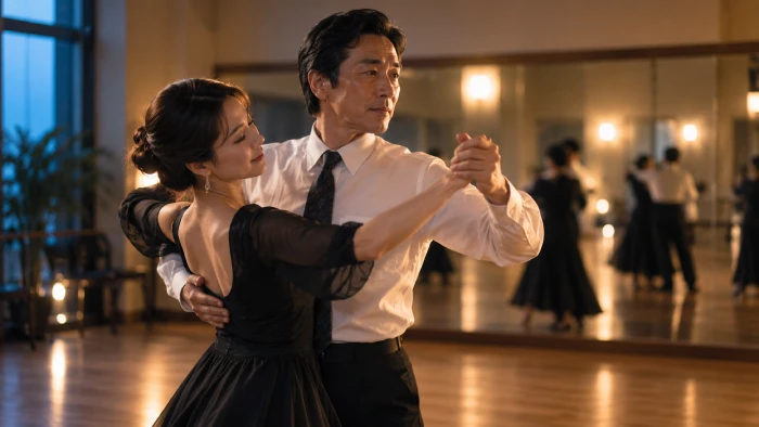 会社員の男性が女性と優雅に社交ダンスを踊る、温かな照明のダンススタジオ