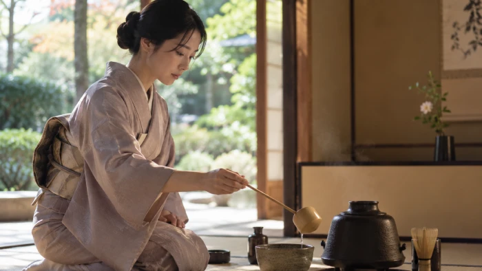 庭を望む茶室で茶道の稽古に励む若い女性、静かで穏やかな時間が流れる情景