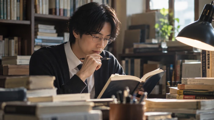 本に囲まれた机で辞書を読み込み、言葉と向き合う眼鏡の男性