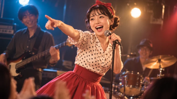 若い女性がバンドを背にマイクを握り、楽しそうに歌うライブステージ