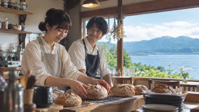 湖と山を望む店で焼きたてのパンを並べる男女、穏やかな田舎の風景