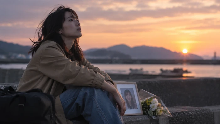 夕暮れの海辺で親友の写真と花を見つめ、遠くを見つめる若い女性