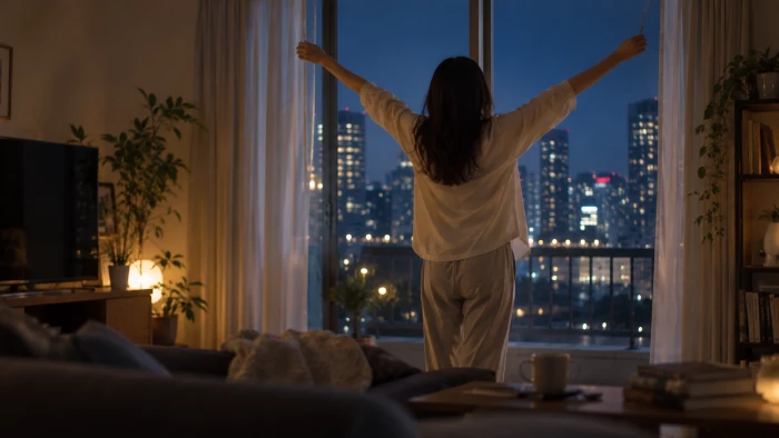 映画を見終えた女性が夜の部屋でカーテンを開け、両手を広げて伸びをする姿