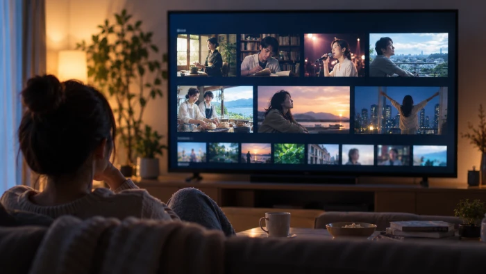 自宅で映画配信サービスの作品一覧を眺める女性、画面には多彩な映画のサムネイルが並ぶ