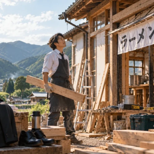 地方で建築途中のラーメン店を作る元サラリーマンの男性