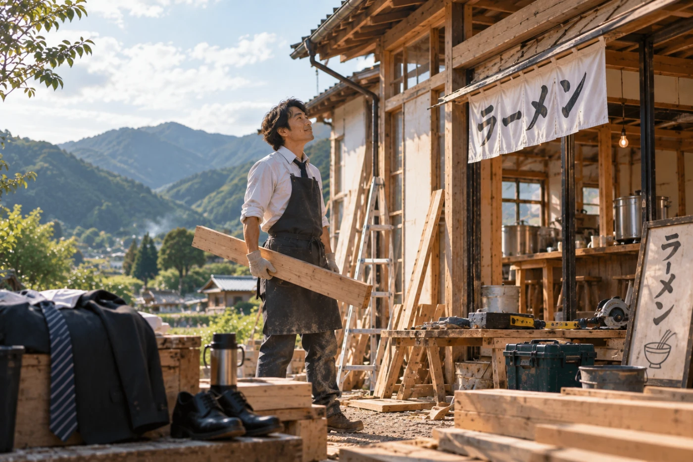 地方で建築途中のラーメン店を作る元サラリーマンの男性