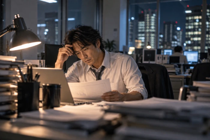 夜のオフィスで残業する疲れたサラリーマン
