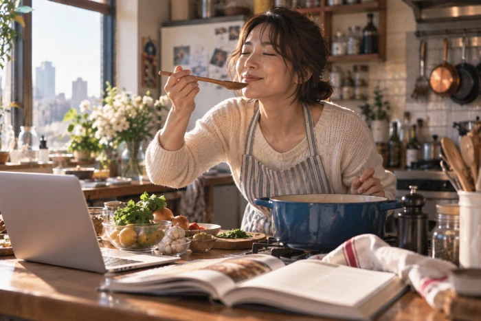 料理をしながらレシピを書き留める女性の温かなキッチン