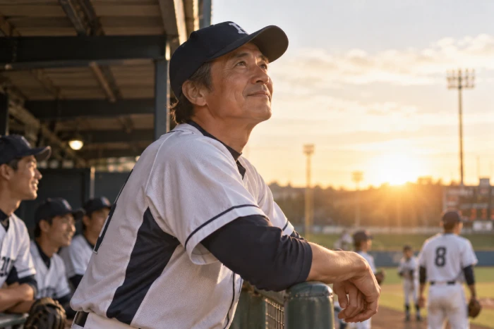 野球場で再び夢に挑戦する中年男性の姿