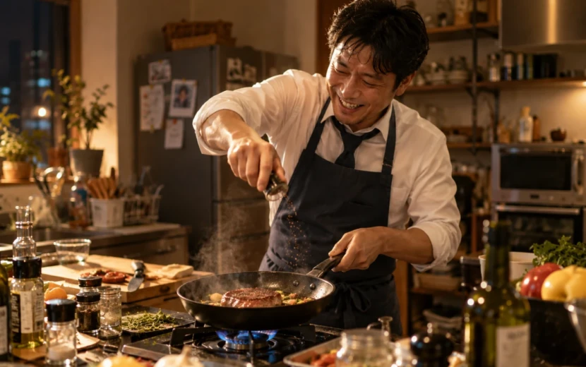 スーツ姿の男性がエプロン姿で楽しそうに料理をするキッチン