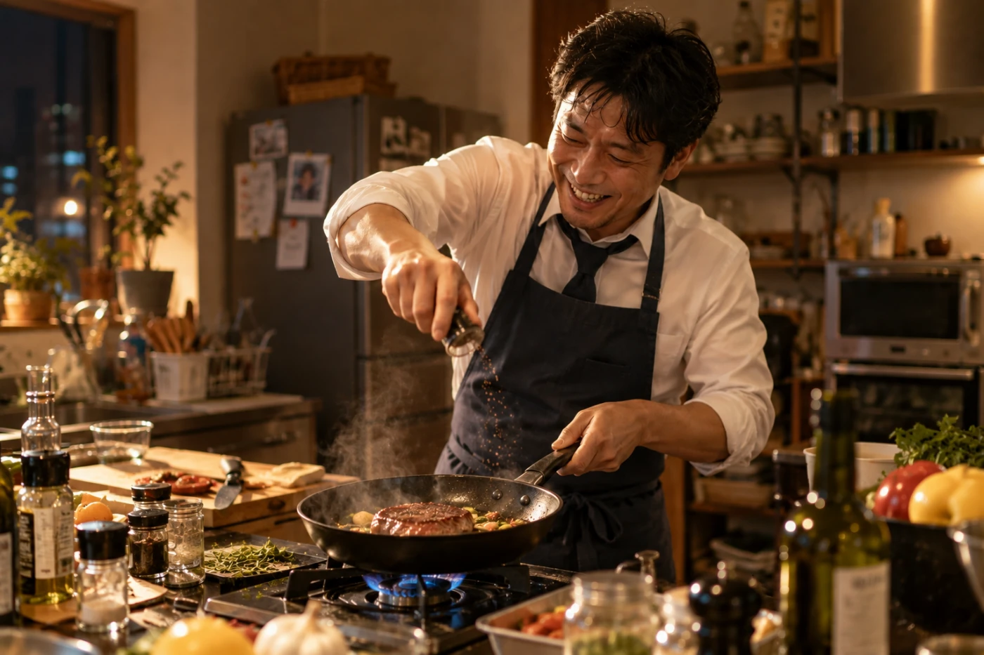 スーツ姿の男性がエプロン姿で楽しそうに料理をするキッチン