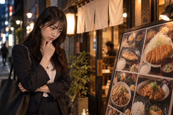 仕事帰りの女性が定食屋のメニューを見て悩んでいる