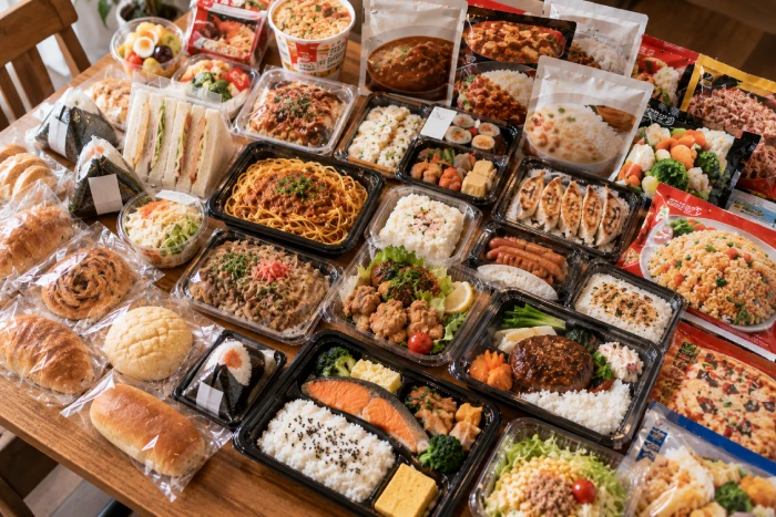 弁当や惣菜、おにぎり、パン、冷凍食品などが並ぶ食卓