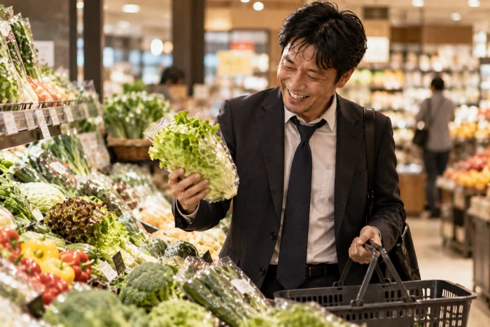 仕事帰りにスーパーで新鮮な野菜を選んでいる男性