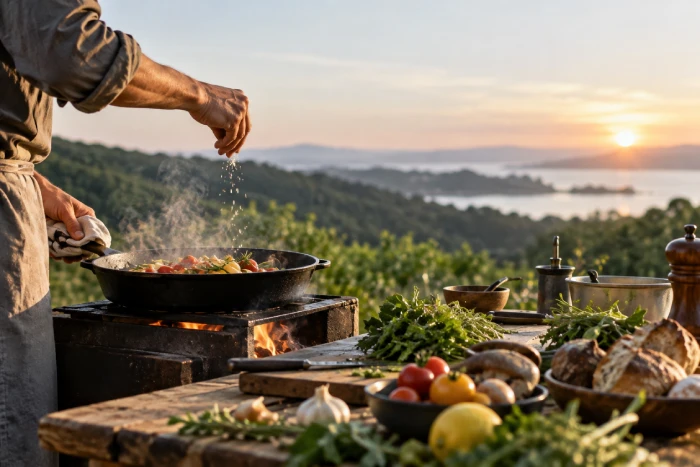 自然の中で食材を調理する料理人の手元と夕暮れの風景