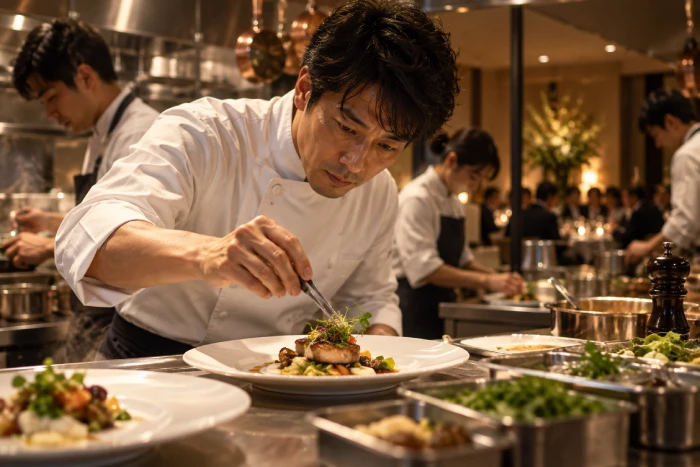 高級レストランの厨房で料理に情熱を注ぐシェフたち