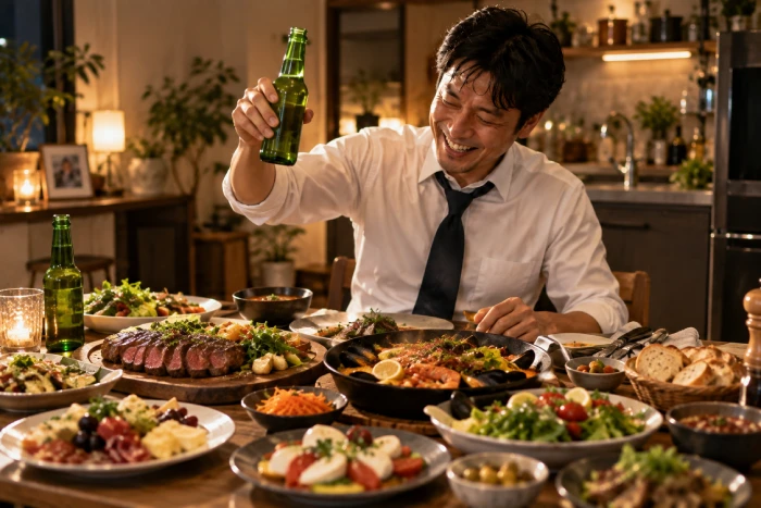 自炊の腕を上げた男性が夕食に豪華な手料理を並べてビールを楽しんでいる