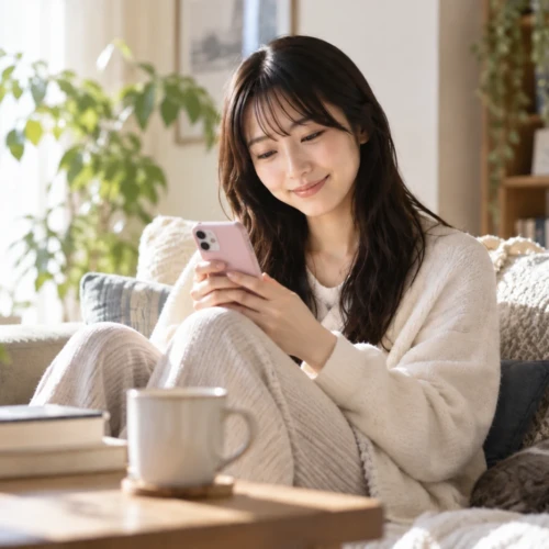 休日の昼、ソファでスマホを使って読書を楽しむ女性
