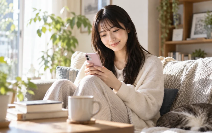 休日の昼、ソファでスマホを使って読書を楽しむ女性