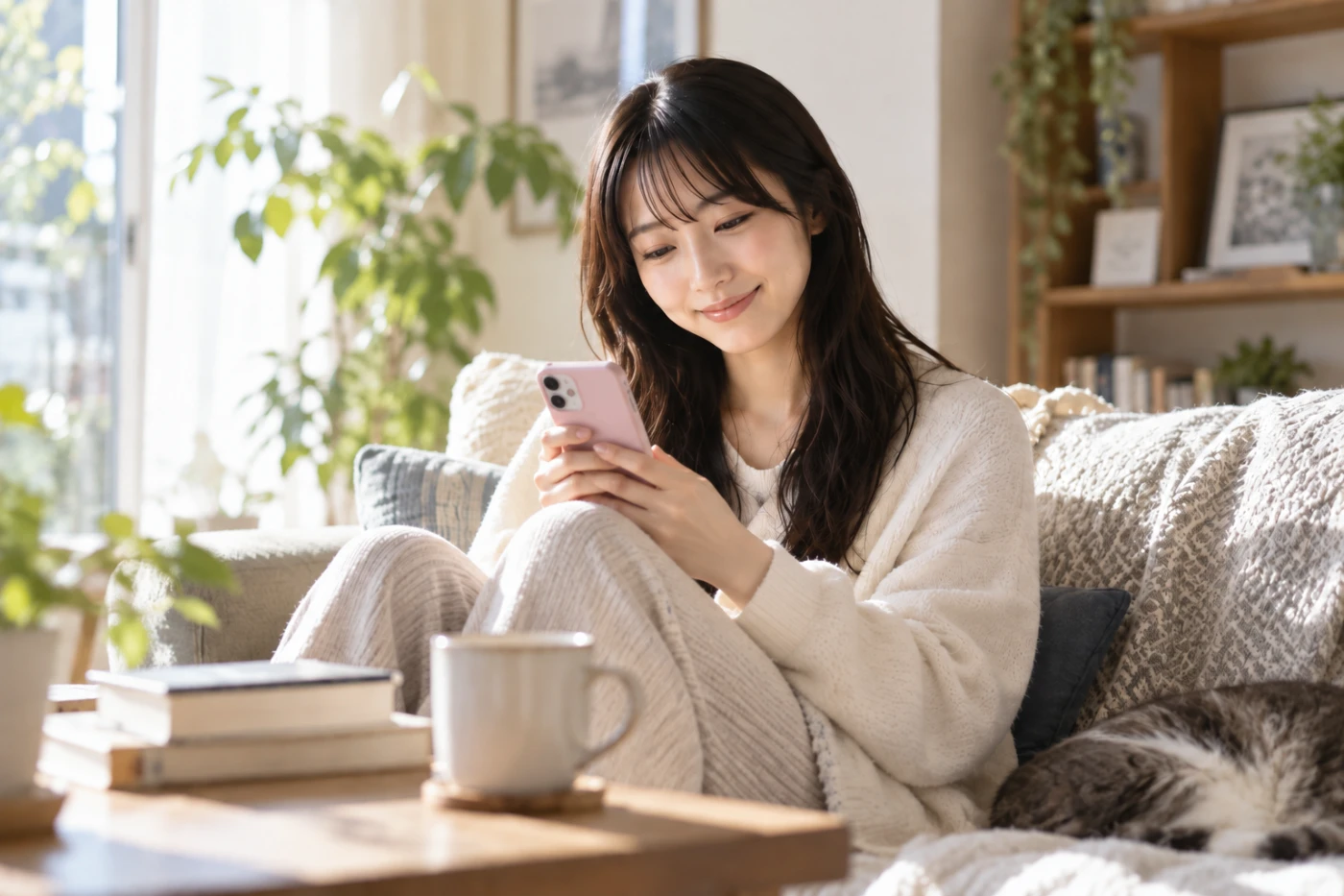 休日の昼、ソファでスマホを使って読書を楽しむ女性