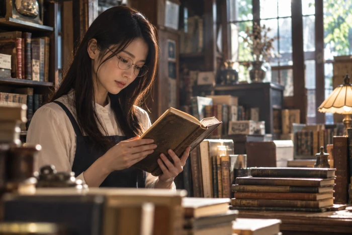 古書が並ぶ店内で古い本を静かに読む眼鏡をかけた女性
