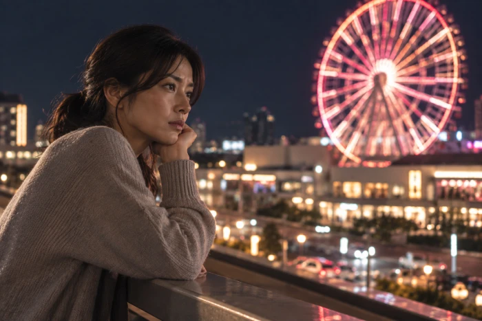夜の街を見つめる女性と遠くに輝く観覧車