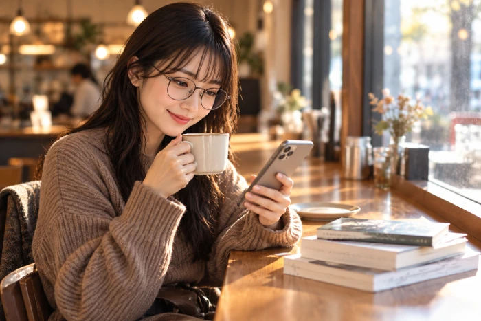 カフェでコーヒーを飲みながらスマホで読書を楽しむ眼鏡の女性と置かれた本