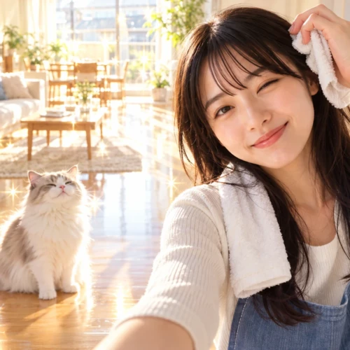 掃除を終えて汗を拭う女性と、輝く部屋で佇む猫