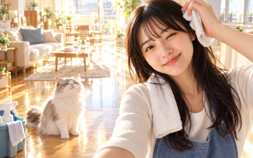 掃除を終えて汗を拭う女性と、輝く部屋で佇む猫