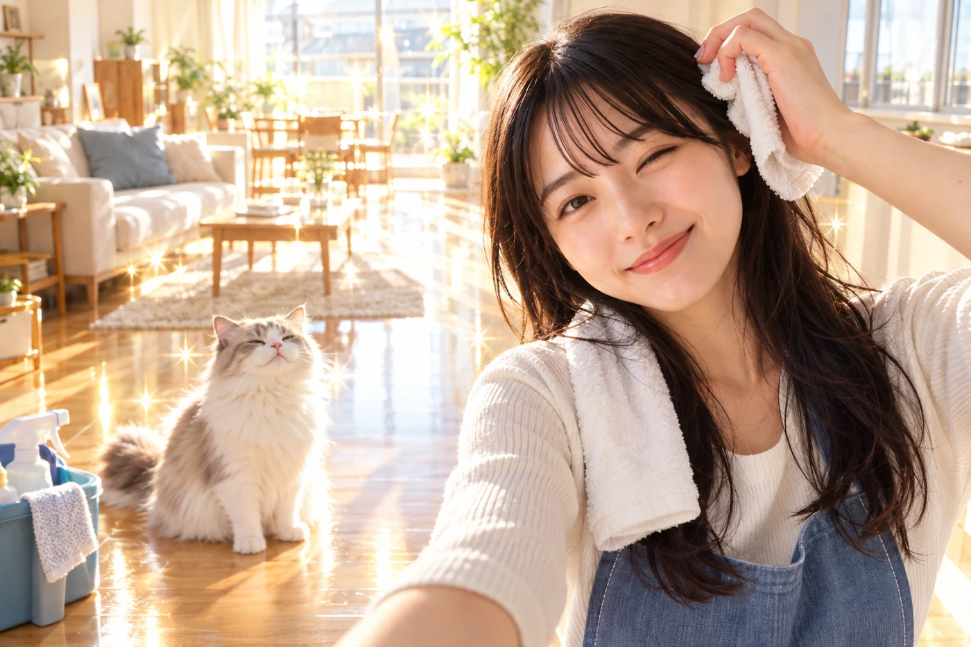 掃除を終えて汗を拭う女性と、輝く部屋で佇む猫