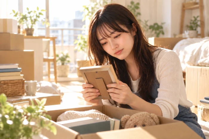 引っ越しを前に、大切なフォトフレームを両手で見つめながら、思い出に感謝しつつ手放そうとする女性